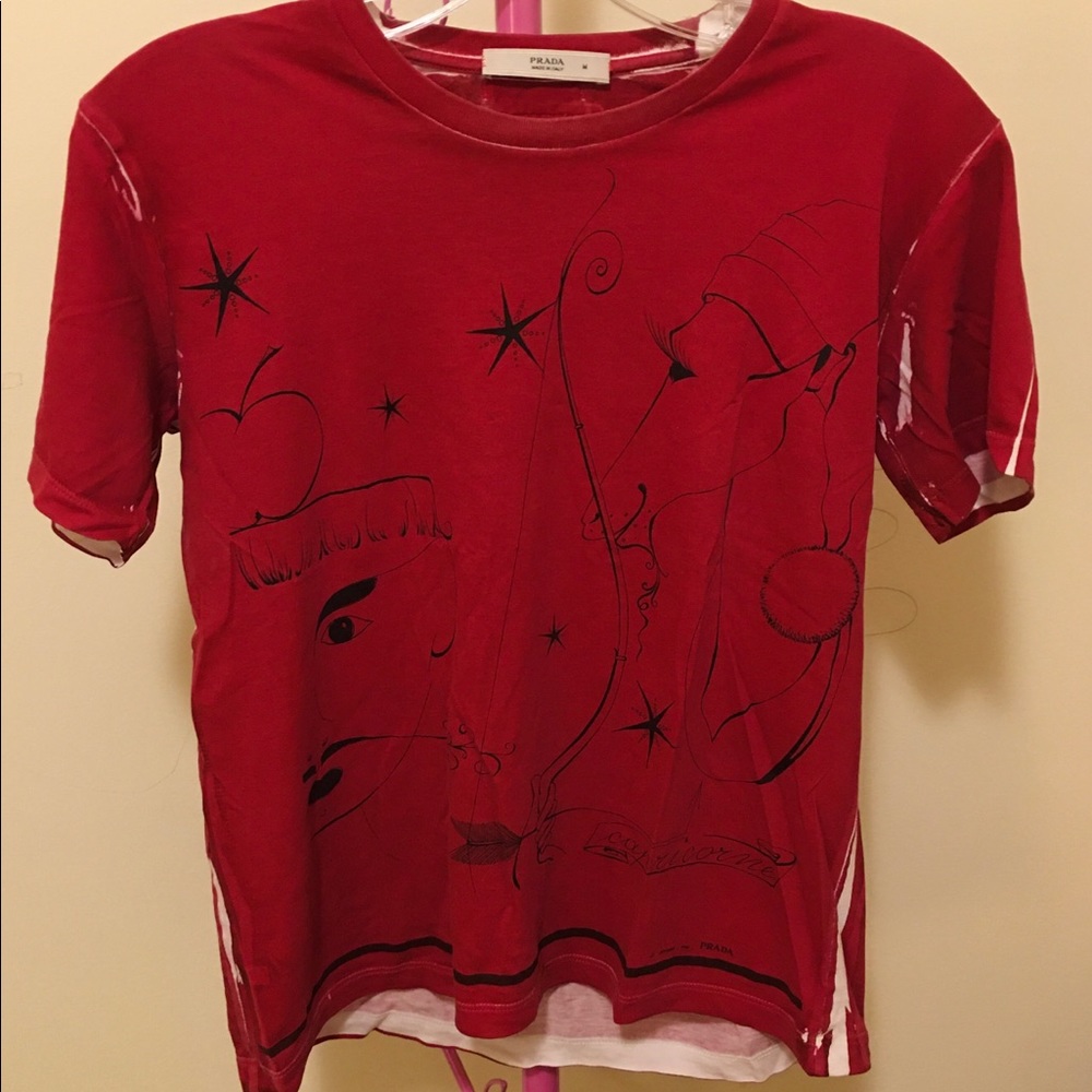 Prada Red T-Shirt Print Bleached Brand